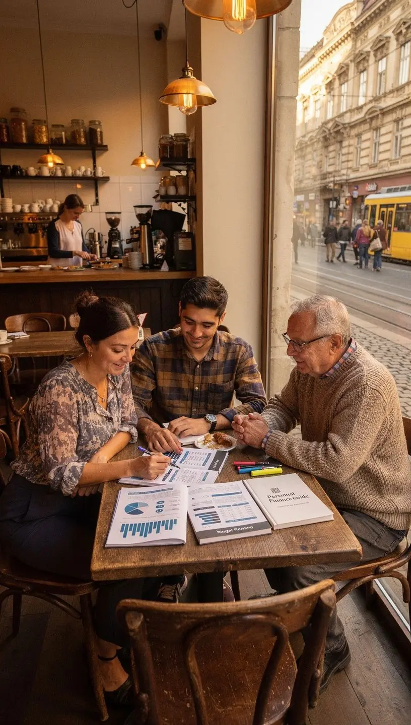 Személyes pénzügyi alapismereteket bemutató blog képe, helyi találkozók és exkluzív pénzügyi tervezési nyomtatott útmutatók megjelenítése.