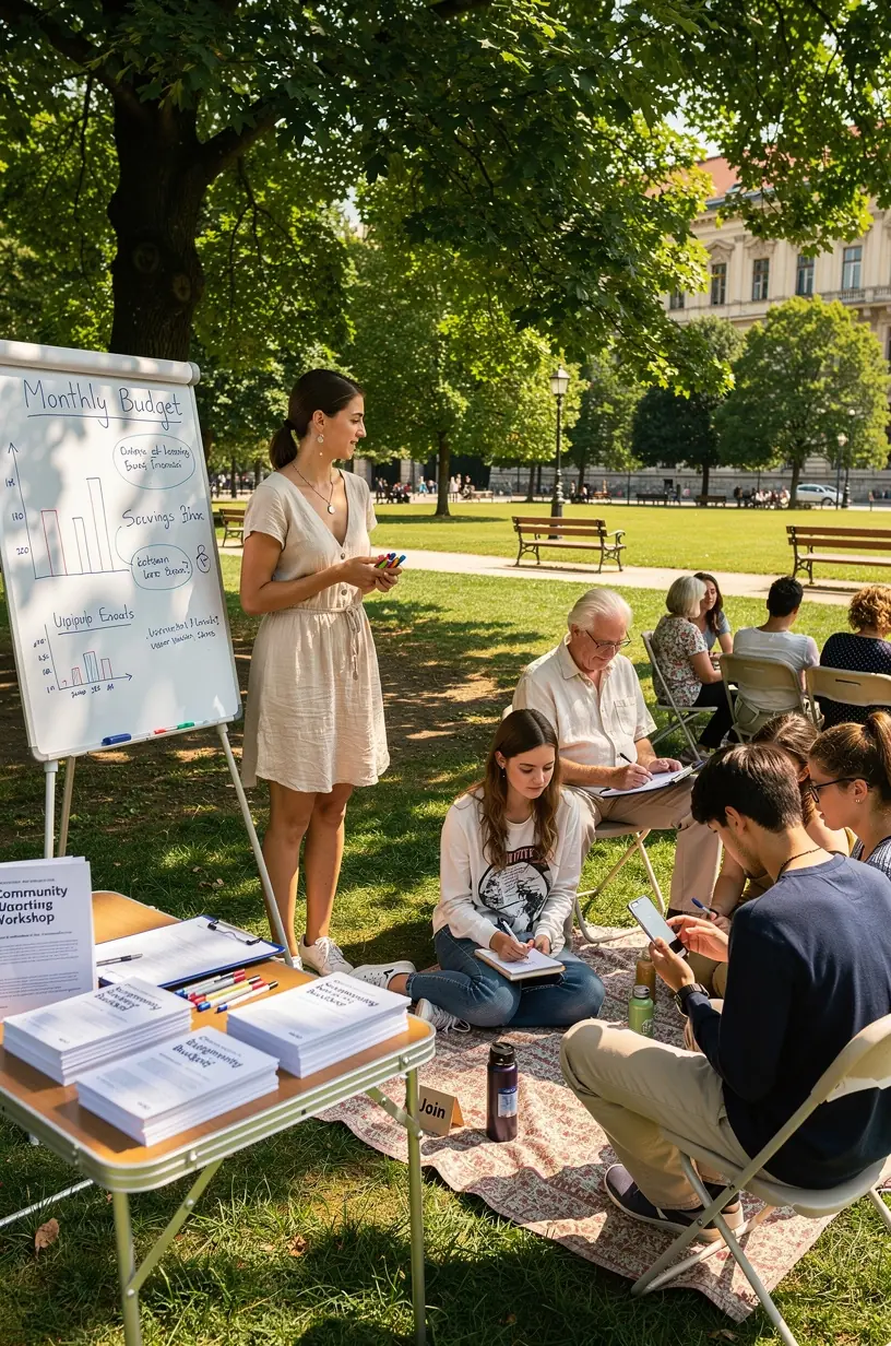 Személyes pénzügyi tervezéshez készült nyomtatott útmutató nyitva egy asztalon íróeszközökkel.